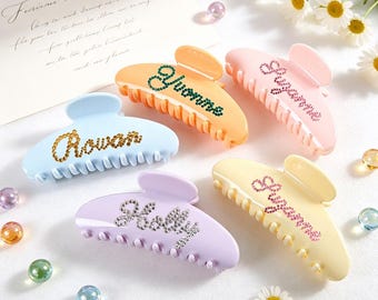 Pinza para el cabello con pedrería y nombre personalizado, pinza para el cabello en colores pastel, pinza personalizada, lindo accesorio para el cabello para uso diario, regalo grupal, tu logotipo