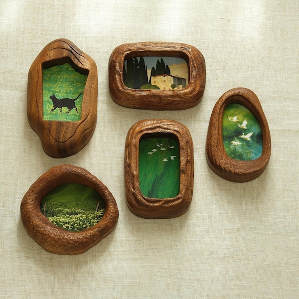 Handmade Solid Wood Wall Hanging Picture Frames, Hand Carved Wooden Frames, Natural Home Decor