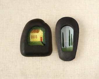 Handmade Wood Wall Hanging Picture Frame, House and Oval Shape Design, Black Cherry Walnut