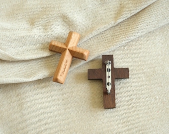 Handmade Wooden Cross Pin, Religious Brooch with "FOLLOW" Carving, Beech Wood or Walnut Wood