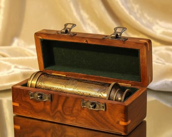 Personalized Handcrafted Brass Telescope with Engraved Design & Wood Case Collectible Nautical  Gift For Him