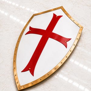 May include: A heater-style shield featuring a white surface with a prominent red cross emblem. The shield is bordered by a metallic gold-toned trim that is secured with evenly spaced rivets along the entire perimeter of the shield's edge.