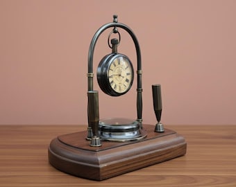 Personalized Brass Clock & Compass Pen Holder – Vintage-Table Top Desk Organizer – Nautical Office Decor Gift
