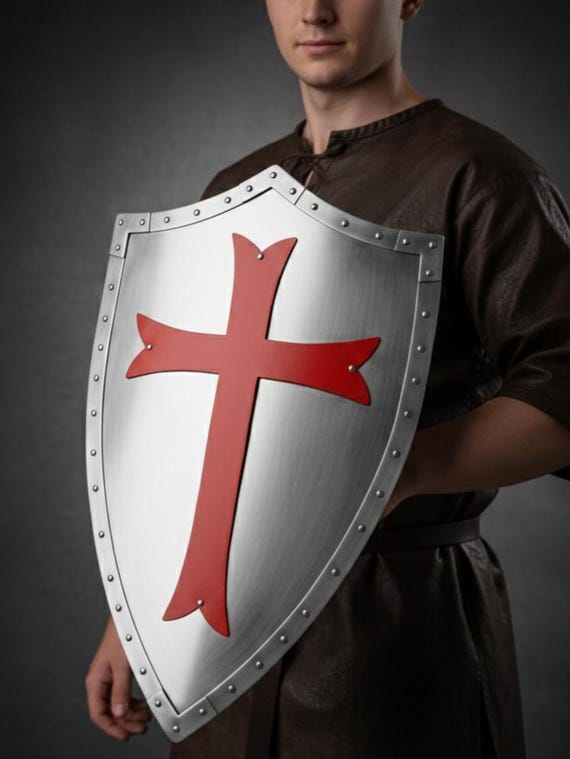 Templar Knight Shield | Medieval Crusader Steel Shield | Red Armor Wall Decor | LARP Cosplay Gift