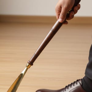 May include: A long shoe horn with a dark brown wooden handle and a gold-colored metal shoe spoon. The handle has a brass ring at the top. The shoe horn is being used with a brown leather dress shoe.