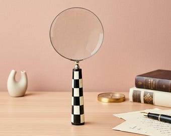 Handmade Black & White Brass 10inches Magnifying Glass, Chessboard  Pattern Handle, Gift For Him, Father's