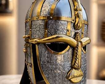 Sutton Hoo Helmet Replica – Anglo Saxon Brass & Steel Viking Armor | Medieval Helmet | LARP Cosplay Costume | Historical Decor Gift