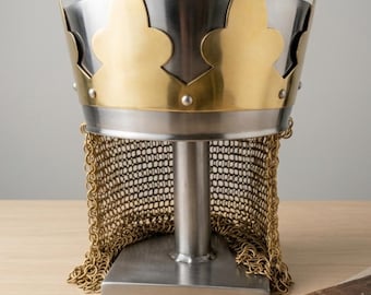 Medieval King Crown Helmet With Chainmail Coif | Knight Armor Helmet | LARP Cosplay Costume | Home Decor