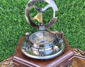 Personalized Brass Sundial Compass With Wooden Box, Custom Engraving Desk Decor | Father's Day Gift