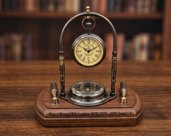 Brass Hanging Desk Clock with Pen Holder | Retro Tabletop Clock | Wooden Base Office Decor