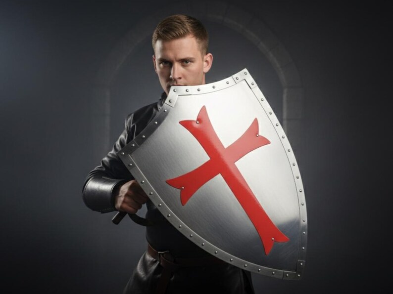 May include: A silver-colored heater shield featuring a prominent red cross emblem in the center. The shield has a metallic finish with a riveted border along the edges, designed with a pointed base and a curved top edge for defensive use.