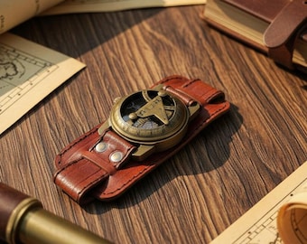 Handcrafted Vintage Style Brass Sundial Compass Watch | Retro Explorer Wrist Watch | Christmas Gift