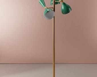 Handmade Brass Mid Century Modern Brass Floor Lamp, 3 Adjustable Green Cone Shades, Retro Lighting | Home Decor