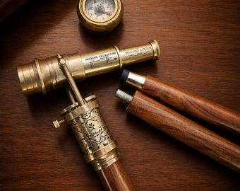 Handcrafted Personalized Brass Walking Cane With Compass & Spyglass Telescope | Steampunk Victorian Replica Gift