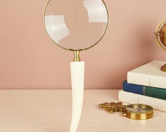 Solid Brass Magnifying Glass with Horn Handle – Antique Style Desk Magnifier – Nautical Office Decor