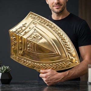 Puede incluir: Un gran escudo dorado con intrincados diseños en relieve y un borde de corona de laurel. El escudo se sostiene, mostrando sus detalles ornamentados y su acabado pulido. El escudo es un objeto decorativo.