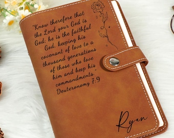 Diario de oración de cuero personalizado: cuaderno recargable A6 grabado a medida, diario de estudio bíblico, regalo religioso, planificador cristiano.