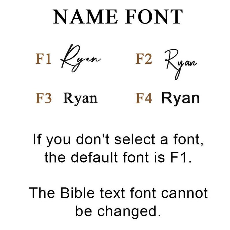 May include: Image displaying the text "NAME FONT" above four font options for the name "Ryan". The fonts are labeled F1 through F4. Additional text states the default font is F1 if no selection is made, and the Bible text font cannot be changed.