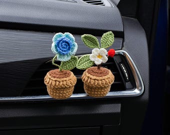 ミニクロシェットプラントカーベントクリップ、女性のための愛らしいカーアクセサリー、かわいい車とデスクの装飾、お母さんへのギフト