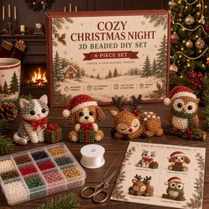 May include: A 4-piece 3D beaded DIY set titled COZY CHRISTMAS NIGHT, featuring a cat, dog, deer, and owl figurine. Includes a clear plastic organizer with assorted colored beads, a spool of white thread, scissors, and an instruction sheet.