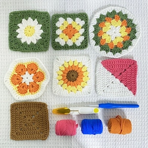 Peut inclure: Diverses formes et carrés de crochet faits à la main, aux motifs floraux et géométriques colorés. L'image présente également un crochet, du fil et un coupe-fil. La palette de couleurs comprend du vert, blanc, jaune, orange, marron, rose et bleu.