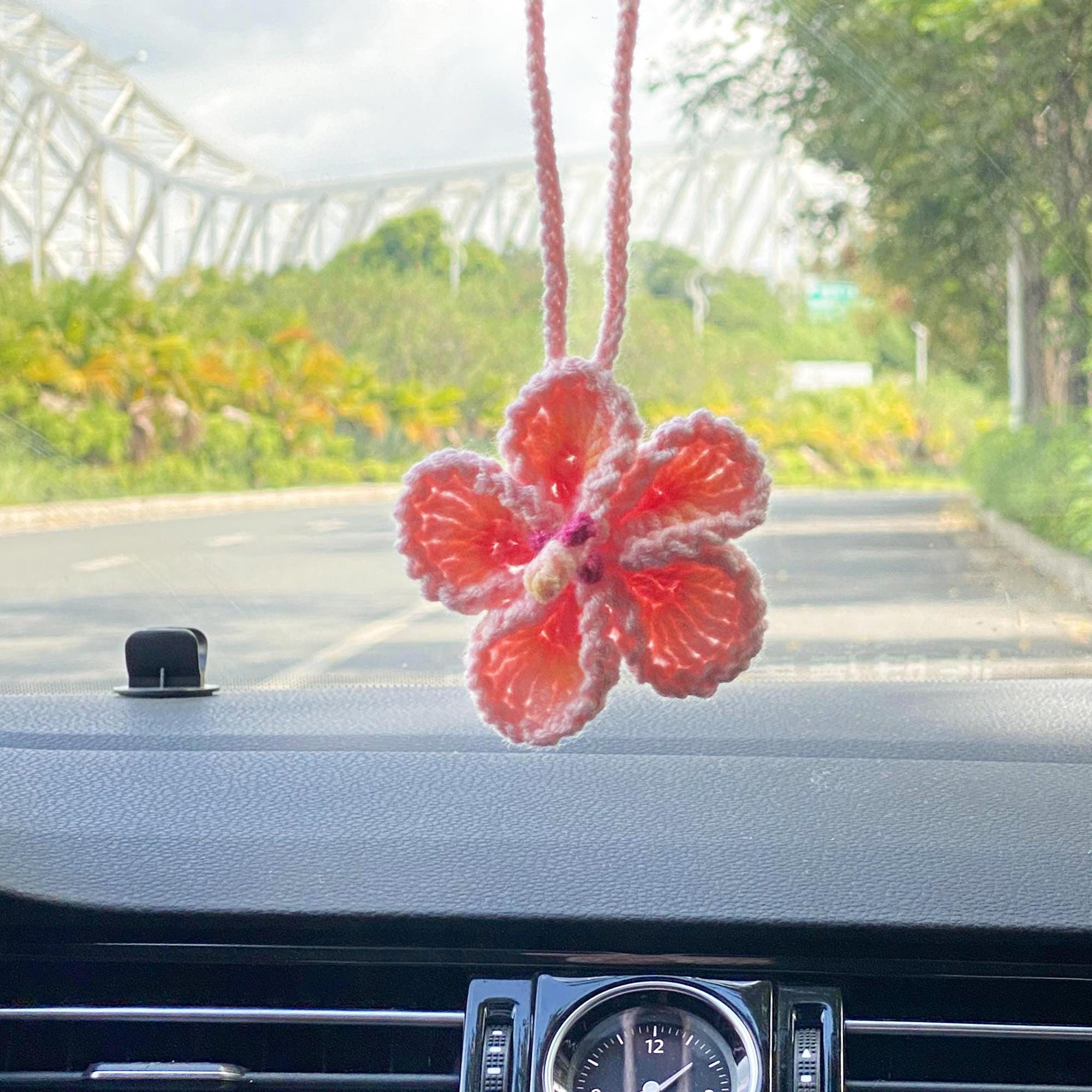 Crochet Hibiscus Flower Car Charm, Boho Car Rearview Mirror