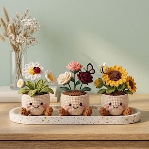 Op de afbeelding: Drie gehaakte planten in potjes met lachende gezichtjes op een gespikkeld dienblad. De linkerpot heeft witte madeliefjes en een lieveheersbeestje, de middelste heeft roze en donkerrode rozen met een vlinder, en de rechterpot heeft gele zonnebloemen en een kleine bij.