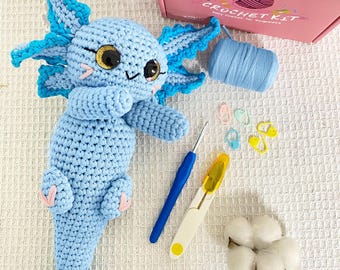 Large Axolotl Crochet Kit, Beginner DIY Amigurumi Animal, Easy Handcraft Project