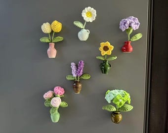 Imanes de nevera con flores tejidas a crochet y jarrón de cerámica, imán creativo para nevera, flores desmontables, decoración para la nevera de la cocina, regalo de inauguración de casa