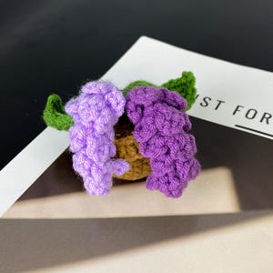 Puede incluir: Una pinza para el pelo hecha a mano con ganchillo que presenta dos racimos de uvas moradas con hojas verdes. Las uvas son de color morado y lavanda vibrantes, y las hojas son de color verde brillante. El clip es un accesorio &uacute;nico.