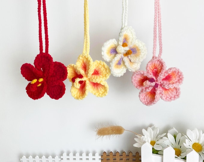 Crochet Hibiscus Flower Car Charm, Boho Car Rearview Mirror Hanging