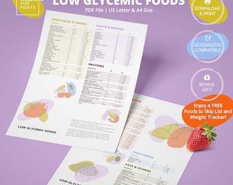 Low Glycemic Foods — Prediabetes / Diabetes Diet — Low Glycemic Index, Low Carb, High Fiber Food Chart for Grocery Lists & Meal Planning