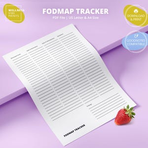 May include: A white FODMAP tracker sheet with lined sections for tracking food elimination and symptoms. The text "FODMAP TRACKER" is printed at the top and bottom. A ripe strawberry rests on the corner. The sheet is US Letter and A4 size.