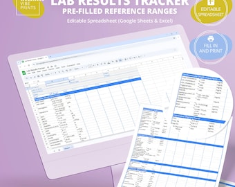 Lab Results Tracker, Pre-Filled Reference Range – Editable Google Sheets / Excel Spreadsheet Template, Printable