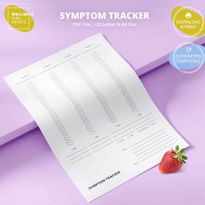 May include: A white symptom tracker sheet with black lines and text, including "SYMPTOM TRACKER" and "PDF File | US Letter & A4 Size." A red strawberry rests on the corner. The sheet is on a purple surface.