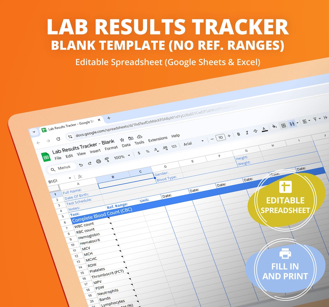 Editable Lab Result Form Lab Results Tracker, Blank = No Reference Ranges – Editable Google ...