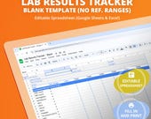 Lab Results Tracker, Blank = No Reference Ranges – Editable Google Sheets / Excel Spreadsheet Template, Printable
