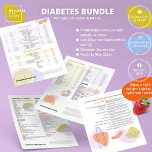 Peut inclure: Un ensemble de fichiers PDF sur le diabète, aux formats US Letter et A4. Comprend une liste d'aliments pour le prédiabète, un guide des aliments à faible indice glycémique, une liste de courses pour le diabète et un tableau des aliments à éviter.