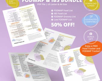 May include: A bundle of printable FODMAP and IBS food lists, including a grocery list and low FODMAP list, with a 50% off promotion. The documents are US Letter and A4 size, with a bonus food tracker. The design includes illustrations of fruits and vegetables.