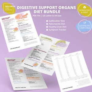 May include: A digital PDF bundle titled "Digestive Support Organs Diet Bundle" with information on gallbladder, pancreatitis, and healthy liver diets, plus a symptom tracker. The documents are on white paper with purple and yellow accents.