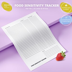 May include: A white Food Sensitivity Tracker sheet with black lines and text, including "Meal Ingredients," "Symptoms," and "Possible Triggers." The sheet is accompanied by a red strawberry. Text includes "Wellness Vibe Prints," "Download & Print," and "Goodnotes Compatible."