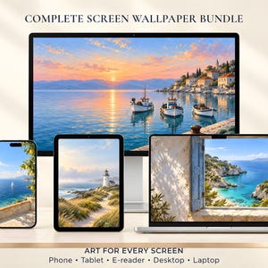 Può includere: Un pacchetto di sfondi digitali per dispositivi elettronici che include un monitor desktop, un tablet, uno smartphone e un portatile. Gli schermi mostrano paesaggi costieri con barche, un faro e vista mare. Il testo recita COMPLETE SCREEN WALLPAPER BUNDLE e ART FOR EVERY SCREEN Phone Tablet E-reader Desktop Laptop.
