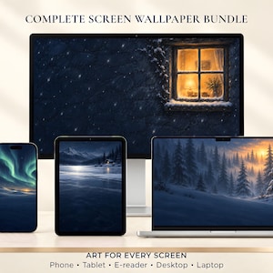 May include: A digital wallpaper bundle titled COMPLETE SCREEN WALLPAPER BUNDLE and ART FOR EVERY SCREEN. The display shows a desktop monitor, a tablet, a smartphone, and a laptop, each featuring winter-themed scenes with snow, forests, and light.