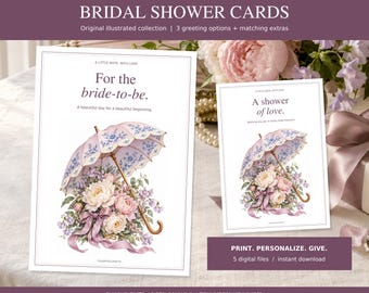 May include: Two rectangular bridal shower cards featuring a light purple umbrella illustration filled with pink and white peonies and purple flowers. The text reads: A LITTLE NOTE, WITH LOVE, For the bride-to-be, A beautiful day for a beautiful beginning.