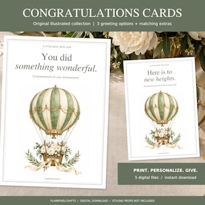 Puede incluir: Dos tarjetas de felicitación rectangulares blancas con una ilustración en acuarela de un globo aerostático a rayas verdes y crema. La tarjeta izquierda dice "You did something wonderful". La tarjeta derecha dice "Here is to new heights".