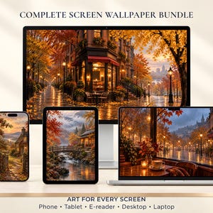 Puede incluir: Un paquete de fondos de pantalla digitales mostrado en un monitor de escritorio, portátil, tableta y teléfono inteligente. Las pantallas muestran paisajes otoñales con calles, puentes e interiores. Texto: COMPLETE SCREEN WALLPAPER BUNDLE.