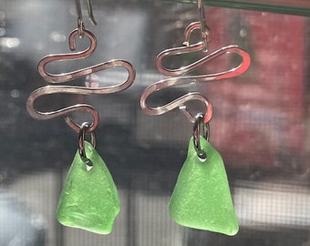 Hand made Green sterling sea glass earrings