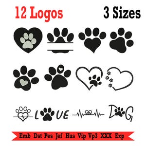 Puede incluir: Una colección de 12 logotipos con huellas de patas y corazones, con el texto "12 Logos" en rojo. Los logotipos son en blanco y negro, con algunos diseños que incorporan corazones. También está presente el texto "3 Sizes".