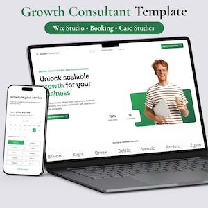 May include: A laptop and smartphone displaying a Growth Consultant Template website. The screen shows text including Unlock scalable growth for your business, a calendar for scheduling services, and a person holding a laptop and coffee cup.