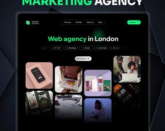 Può includere: Un modello di sito web Wix per agenzia di marketing con interfaccia scura e accenti verdi. Il layout mostra il testo 'WIX WEBSITE TEMPLATE FOR MARKETING AGENCY' e 'Web agency in London' accanto a una griglia di immagini di progetti.
